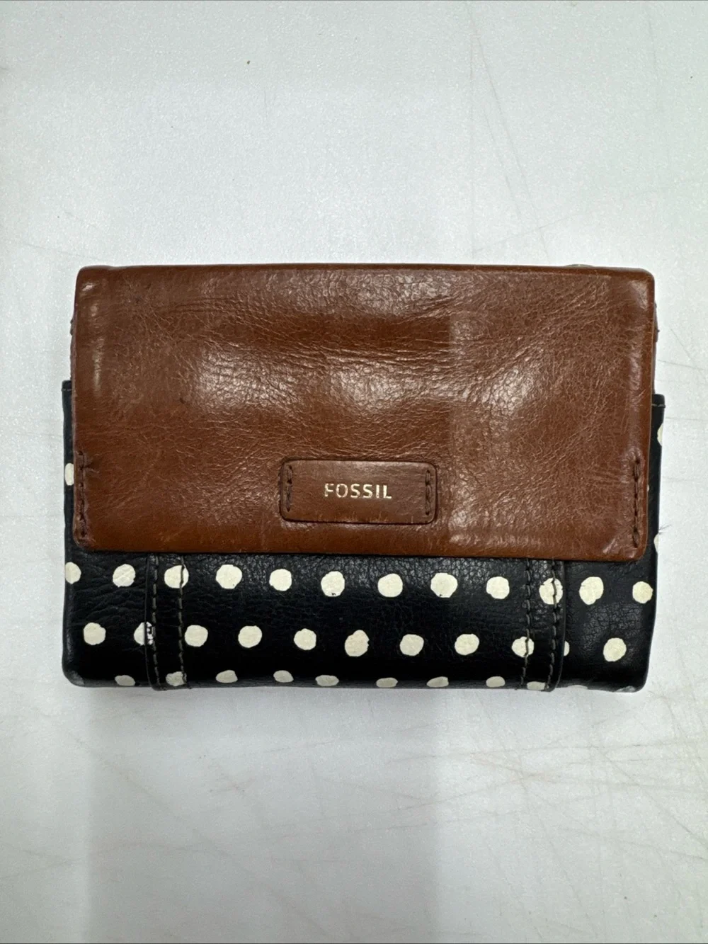 Fossil Sydney Trifold Leather Wallet Brown And Black With White Polka Dots